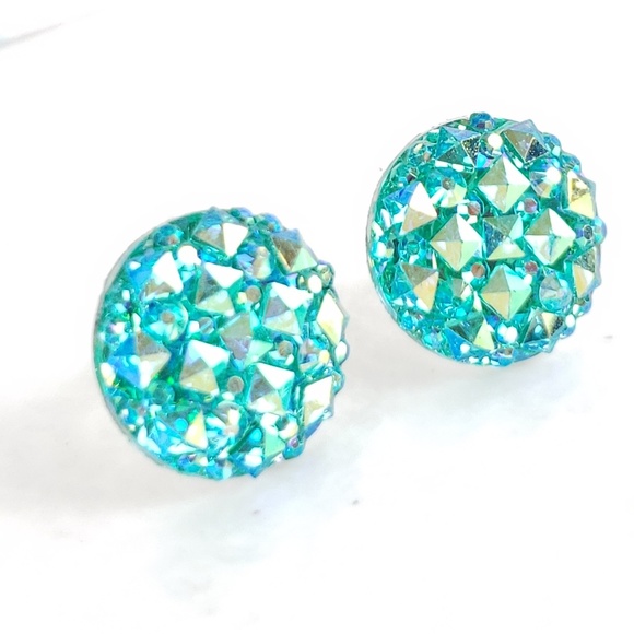 Teal Sparkle Acrylic Druzy Stud Earrings - Picture 1 of 6